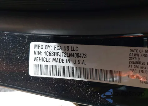 2020 Ram 1500 Laramie 4X4 5'7 Box из США, поврежденный, VIN 1C6SRFJT2LN400473